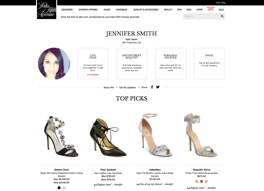 Screenshot of Saks associate interface